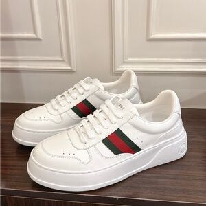 Gucci Women's White Sneakers with Green and Red Stripes
